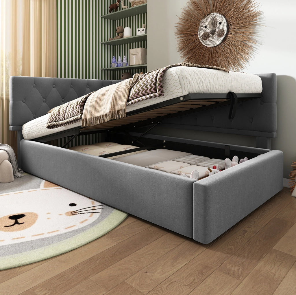 Letto imbottito 90x200 cm in velluto grigio con contenitore idraulico; testiera reversibile