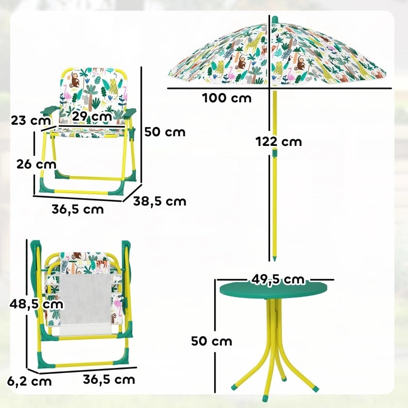Set da giardino per bambini 49,5 x 49,5 x 50 cm verde con parasole rimovibile