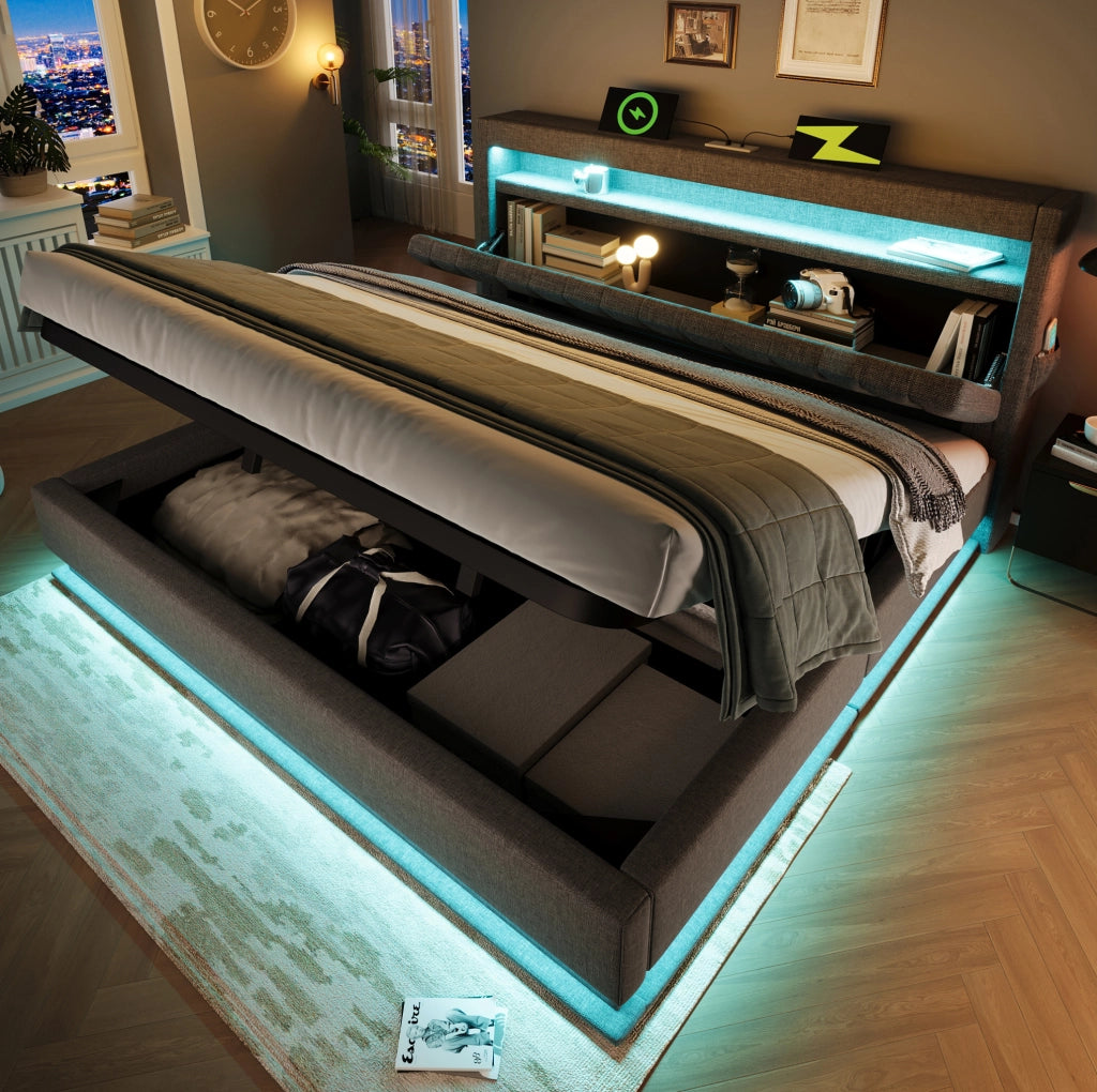 Letto matrimoniale 180x200 cm con LED, USB e vano contenitore