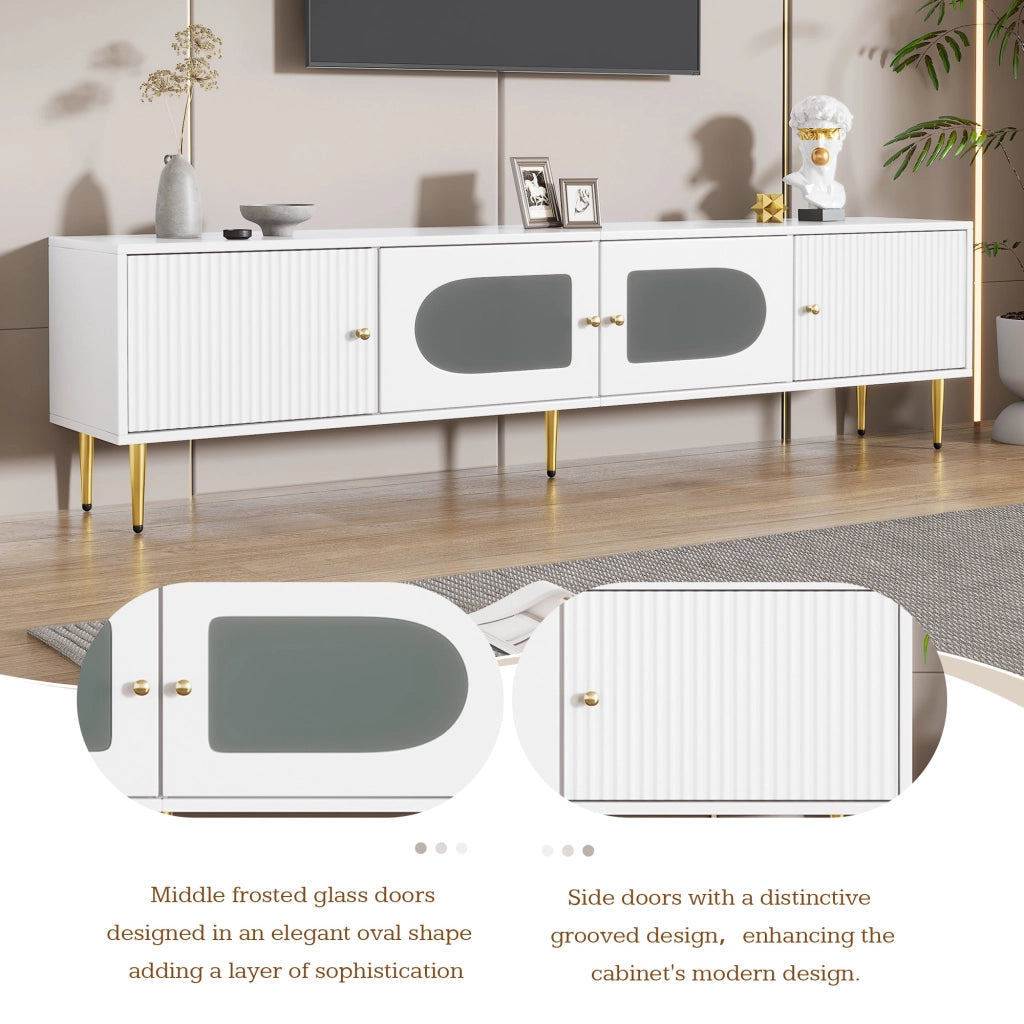 Mobile porta TV con 4 ante, 2 vani con vetro arcuato e 2 fori passacavi, per soggiorno, truciolato bianco, 170 × 35 × 50 cm