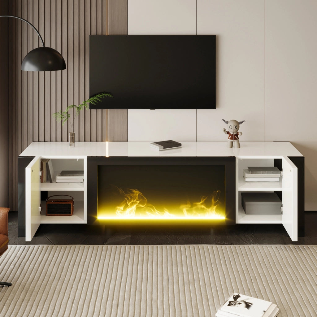 Mobile TV bianco e nero con camino elettrico decorativo 165 cm