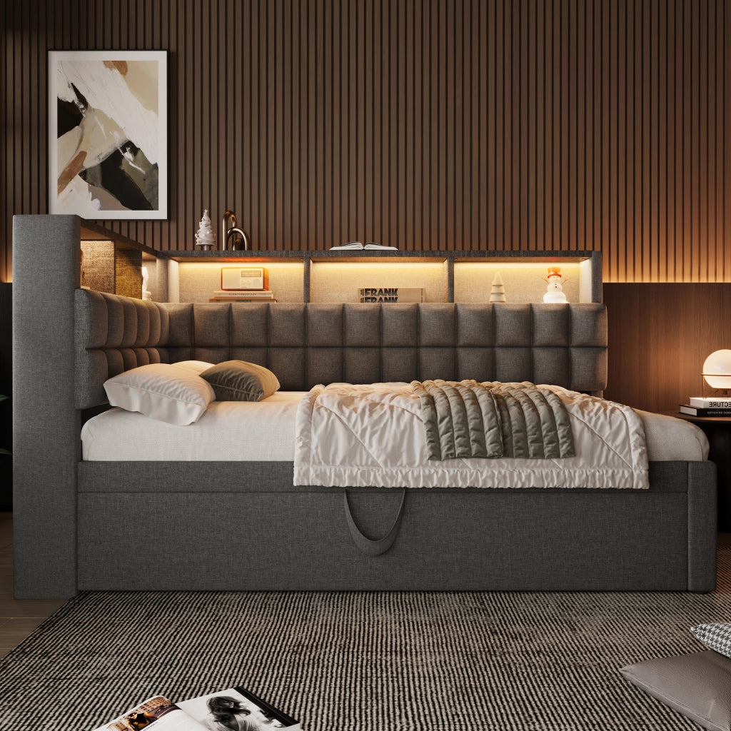 DESMIU Divano letto 90 × 200 cm 1 posto con letto estraibile, LED, USB e Type-C, senza materasso, grigio