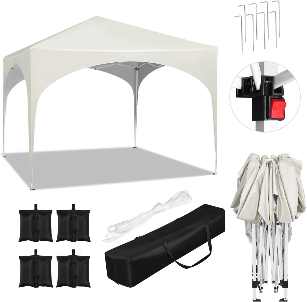 Gazebo da Giardino Richiudibile 3x3m Gazebo da Esterno in Ferro Regolabile in Altezza Tendone con Soffitto Semicircolare Pieghevole Protezione Solare,Set di 4 Sacchi di Sabbia,Beige