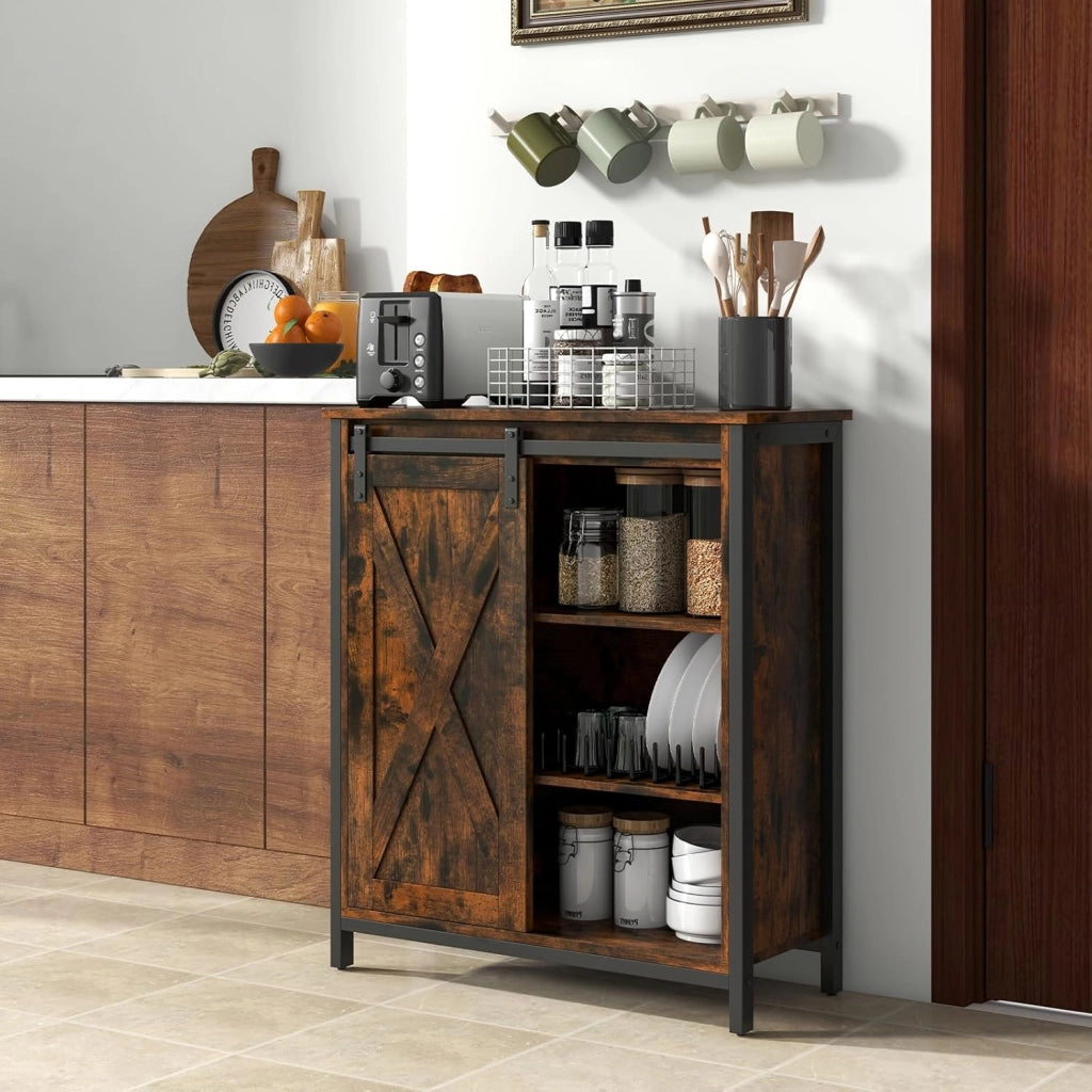 Credenza da Cucina, Mobile Buffet con Porta Scorrente in Stile Granaio, Armadio da Pranzo con 6 Scompartimenti e Ripiani Regolabili a 3 Livelli, Mobile Industriale, 70 x 30 x 81 cm