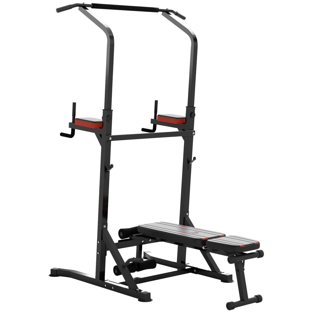 Power Tower Pieghevole, Stazione Fitness Multifunzione Regolabile in 7 Posizioni con Sbarra Trazioni, Dip Station, Pull UP Station e Panca Piana in Acciaio, per Home Gym Casa, Portata 150kg