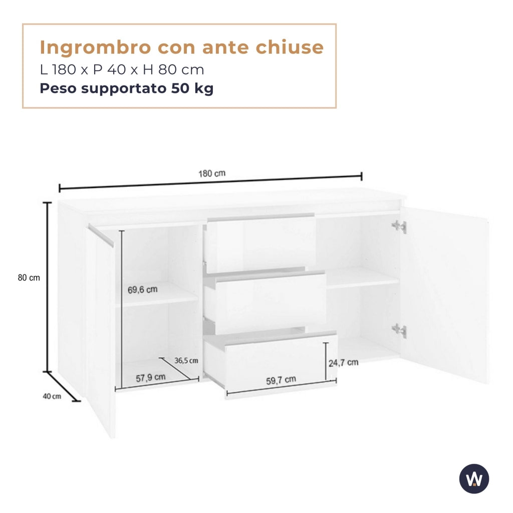 WHOUS Credenza Magic 2 ante e 3 cassetti centrali cashmere 180x40x80 cm