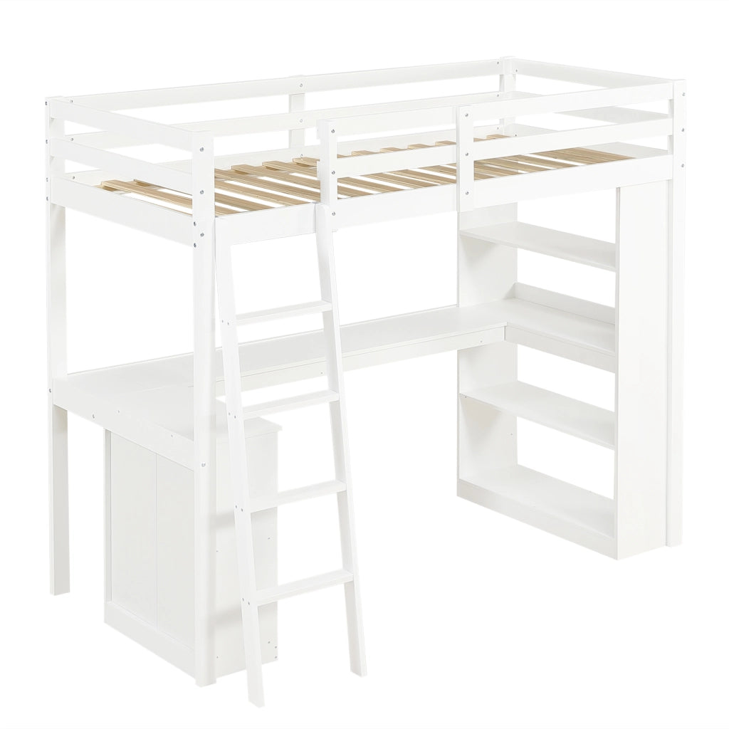 OKWISH Letto a Soppalco 90×200 cm, Letto Singolo con Mensola, Pannello in Feltro e Scala Inclinata, senza Materasso, Bianco