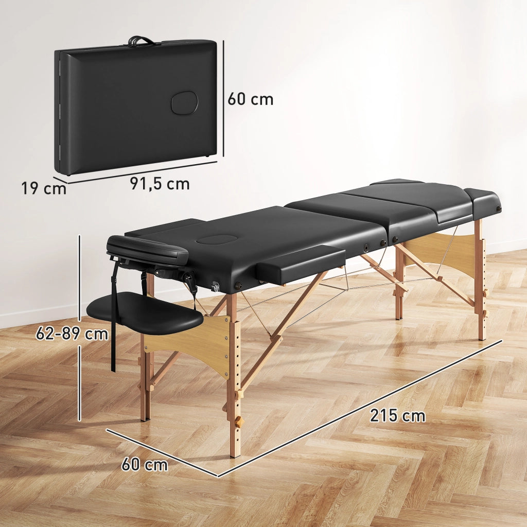 Lettino da massaggio pieghevole ¨C Xylo ¨C 3 zone, altezza regolabile, legno, 215x60x62-89 cm, nero