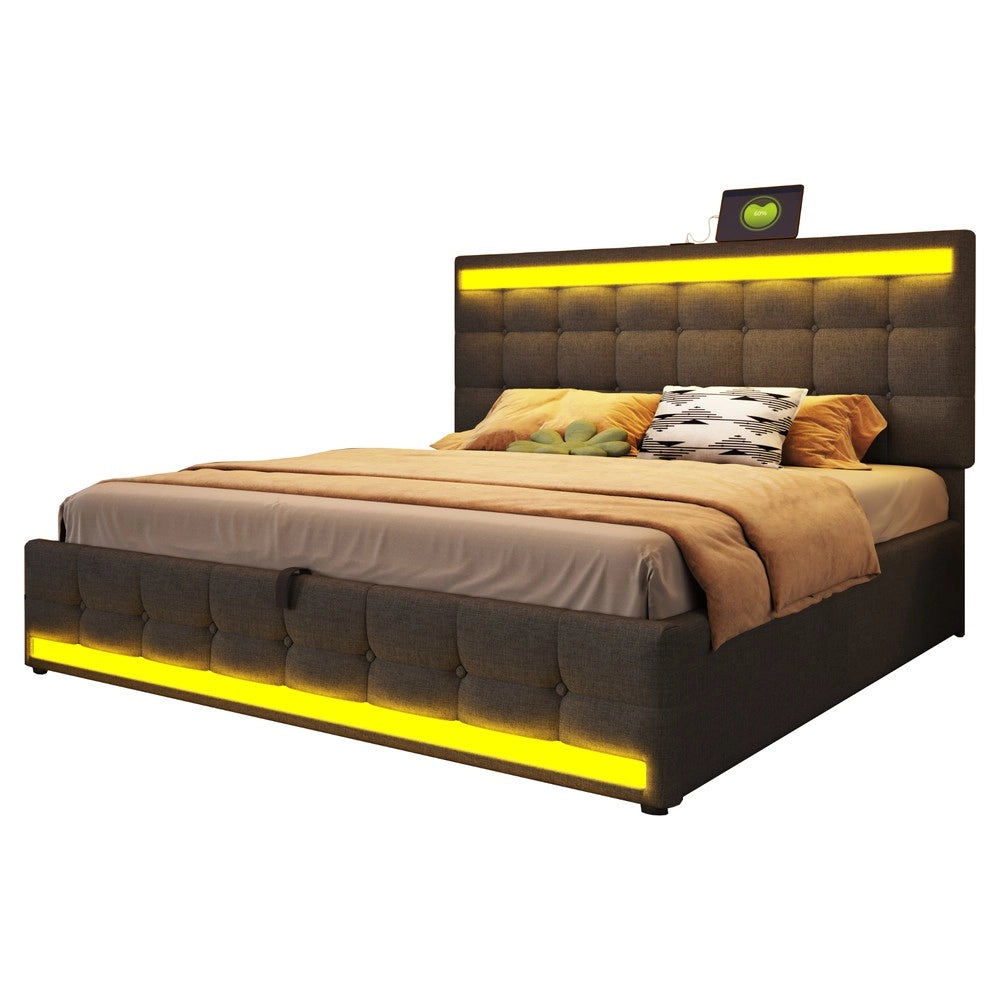Letto Contenitore Imbottito 180x200 ¨C MINIMAL ¨C Grigio, LED, USB, Idraulico