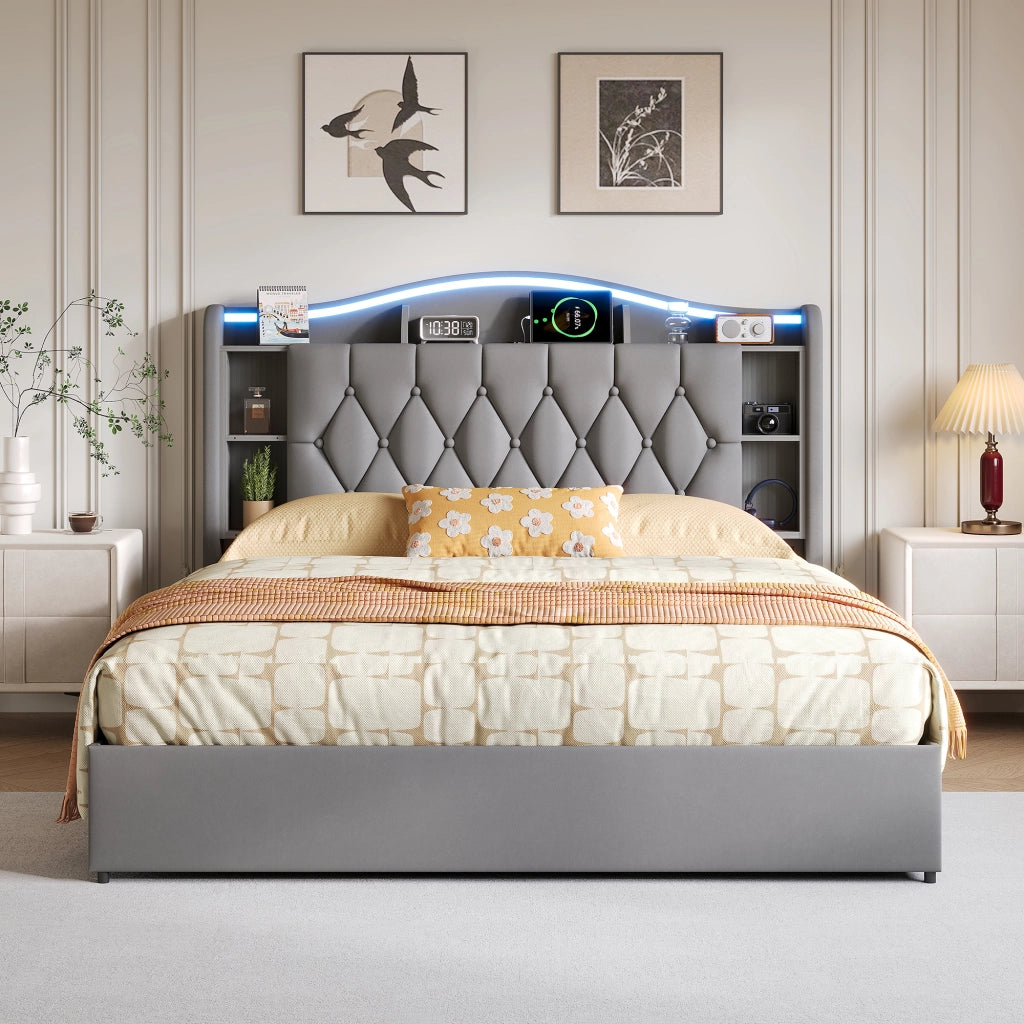 Letto matrimoniale con contenitore 160x200 cm imbottito con testiera portaoggetti LED USB Type-C alzata idraulica velluto grigio