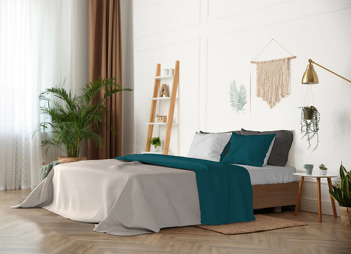 Set Lenzuola Sopra Sotto e Federe Doubleface Verde Petrolio/Grigio Chiaro Singolo