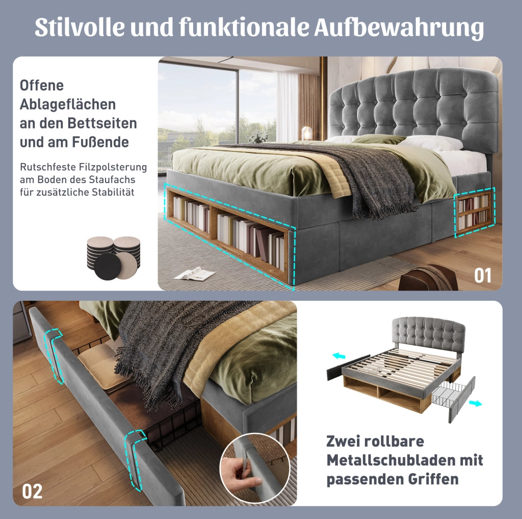 Letto imbottito 140x200 cm grigio con cassetti e rete a doghe