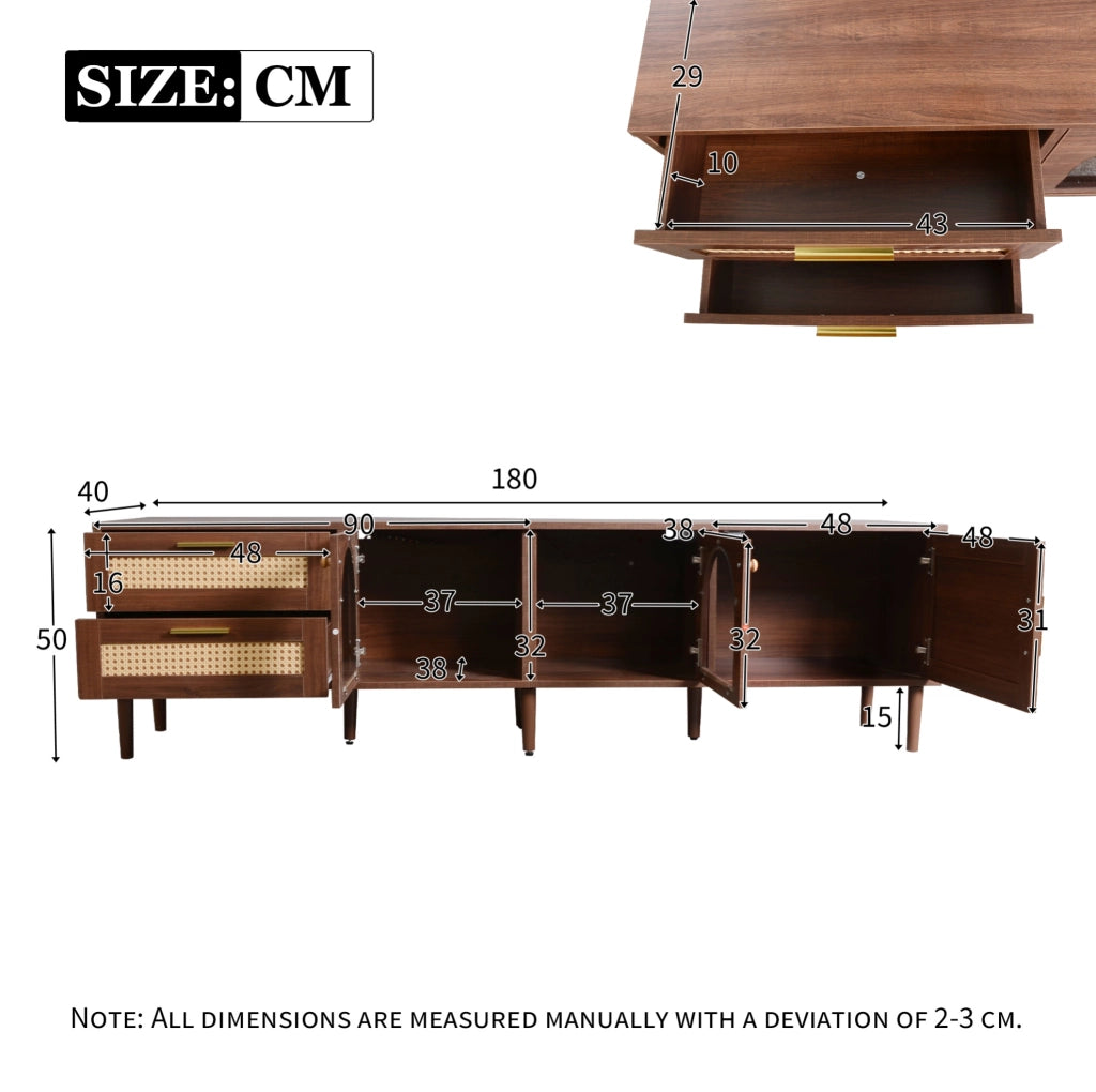 Mobile TV marrone 180 cm con LED, ante in vetro e rattan