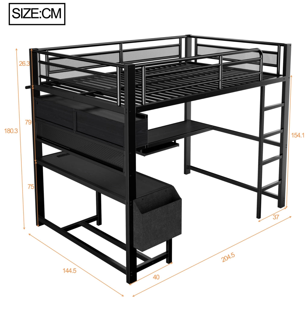 Letto a soppalco 140x200 cm con scrivania, LED, ripiani e stazione di ricarica