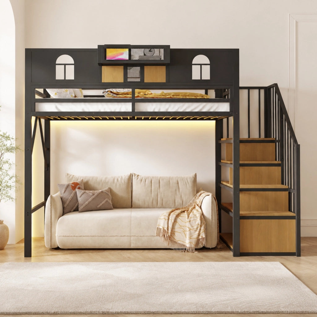 Letto a soppalco in metallo 90 x 200 cm con scala contenitore; ripiani e barra luminosa nero