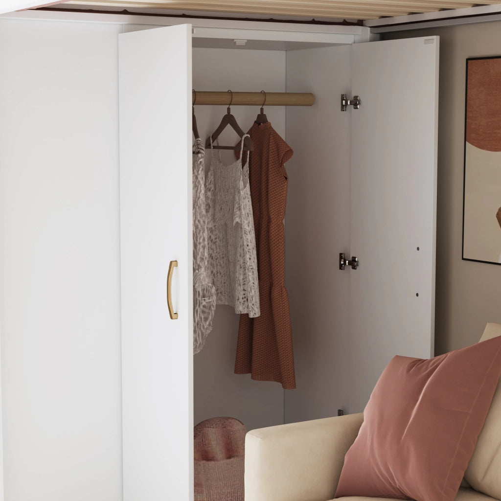 OKWISH Letto a soppalco 90×200 cm, Letto Singolo con Armadio, Mensole e Scala con Cassetti, senza Materasso, in Legno, Bianco