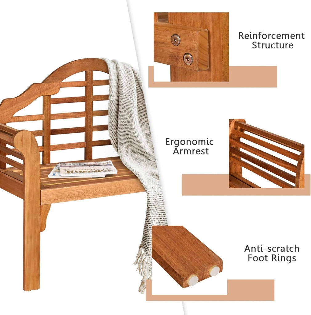 Panca da giardino pieghevole in legno per 2 persone, panca da giardino dal design elegante con schienale inclinato e braccioli ergonomici, panca da esterno di carico 320 kg per giardino