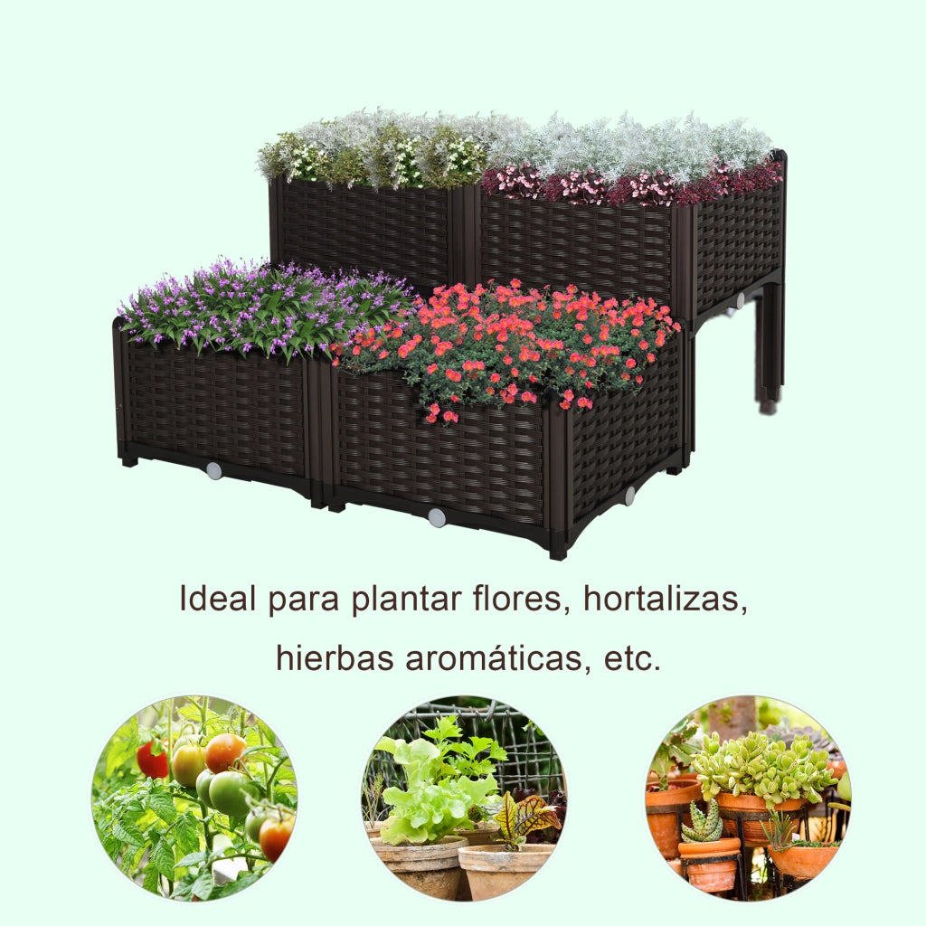 4 Jardineras Cuadradas Exterior Imitaci¨®n Mimbre ¨C zephmum ¨C 40x40x26/44 cm Marr¨®n
