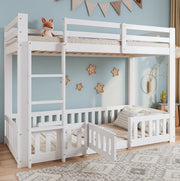 Letto a castello in pino 90x200 cm con scala ad angolo; sponde e porta; bianco