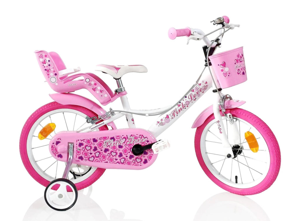 SCH PINK LOVE 16", bicicletta per bambini, adatta tra i 5 e i 7 anni, per altezza tra 105 e 135 cm, con cestino, campane