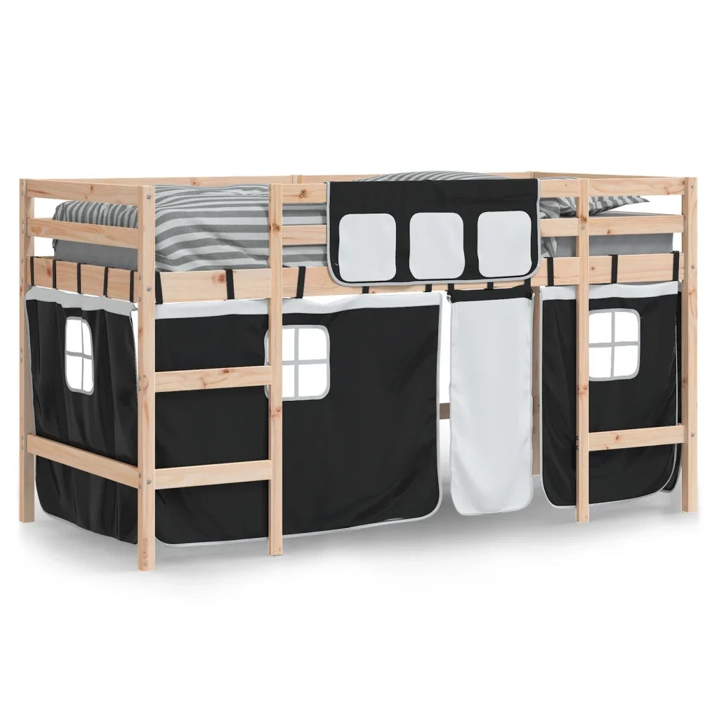 Letto a Soppalco con Tende Bambini | Letto Infantile | Lettino Bianco e Nero 80x200 cm Pino