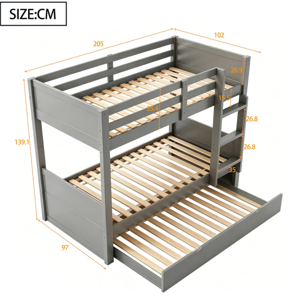 Letto a castello 90x200 cm in legno grigio con letto estraibile; scala e sbarre di sicurezza