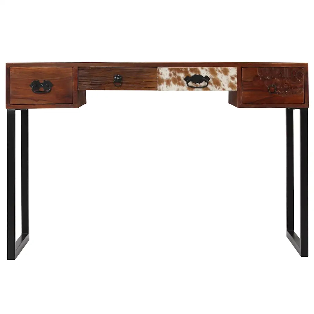 Scrivania Legno Massello di Acacia e Vera Pelle 117x50x76 cm 244847