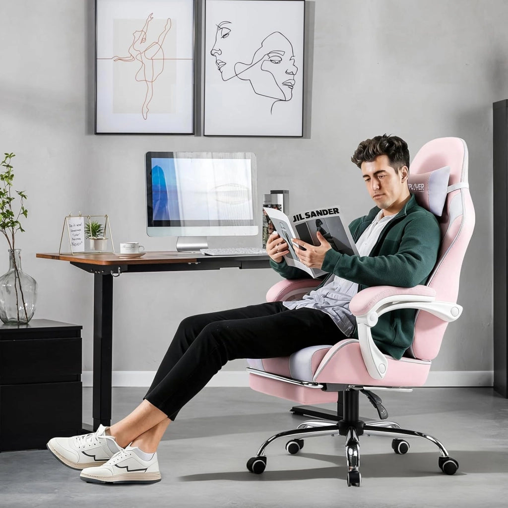Sedia da gioco, sedia da ufficio, sedia ergonomica, sedia da gioco, con supporto per massaggi, sedie task con poggiapiedi e poggiatesta, tessuto rosa