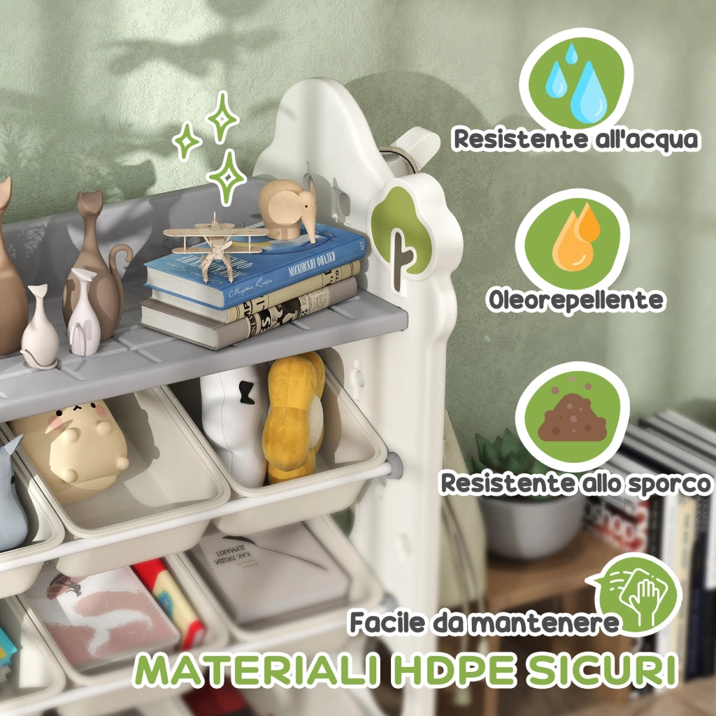 Scaffale Portagiochi a 4 Livelli con 9 Contenitori 77x42x94 cm in HDPE Bianco Crema