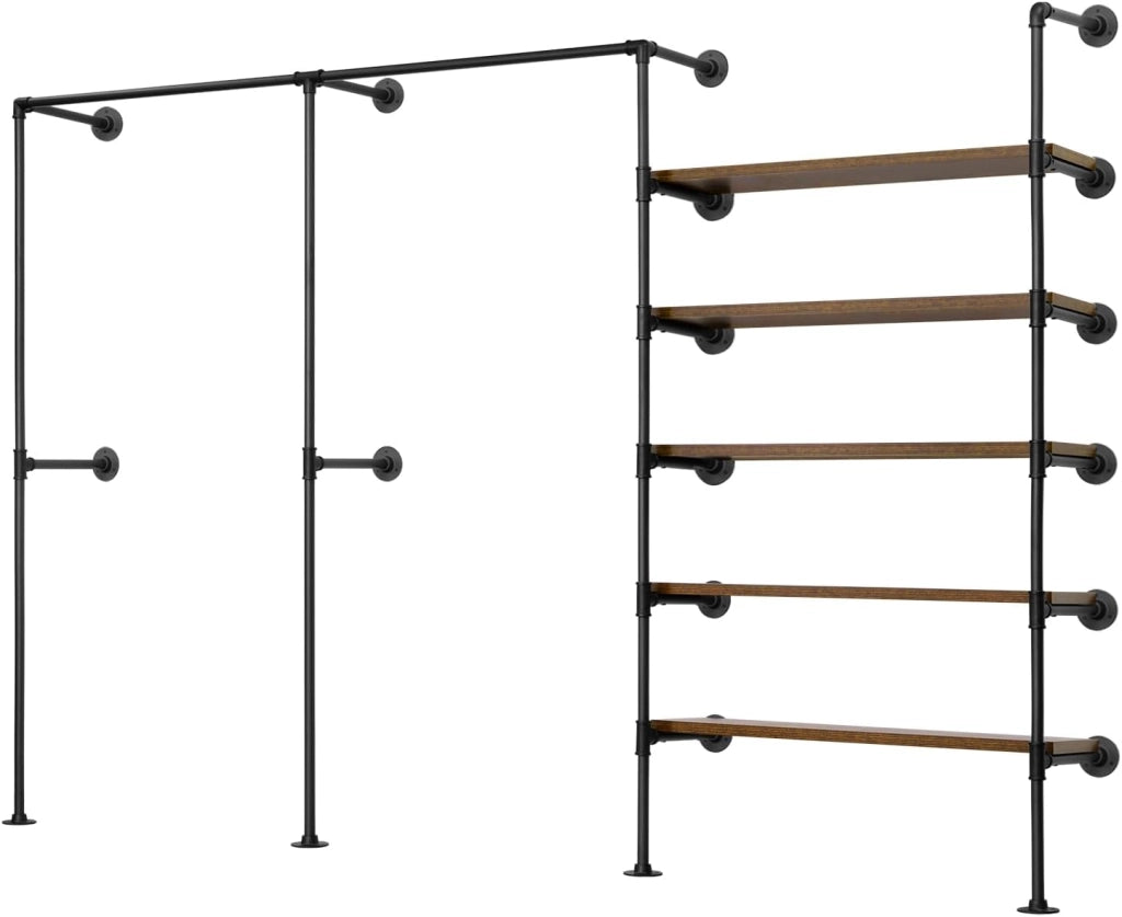 Appendiabiti da Parete, Attaccapanni da Muro Metallico con Design Aperto, Appendiabiti con 5 Ripiani in Legno, 2 Aste, Stile Vintage, Nero + Marrone Rustico