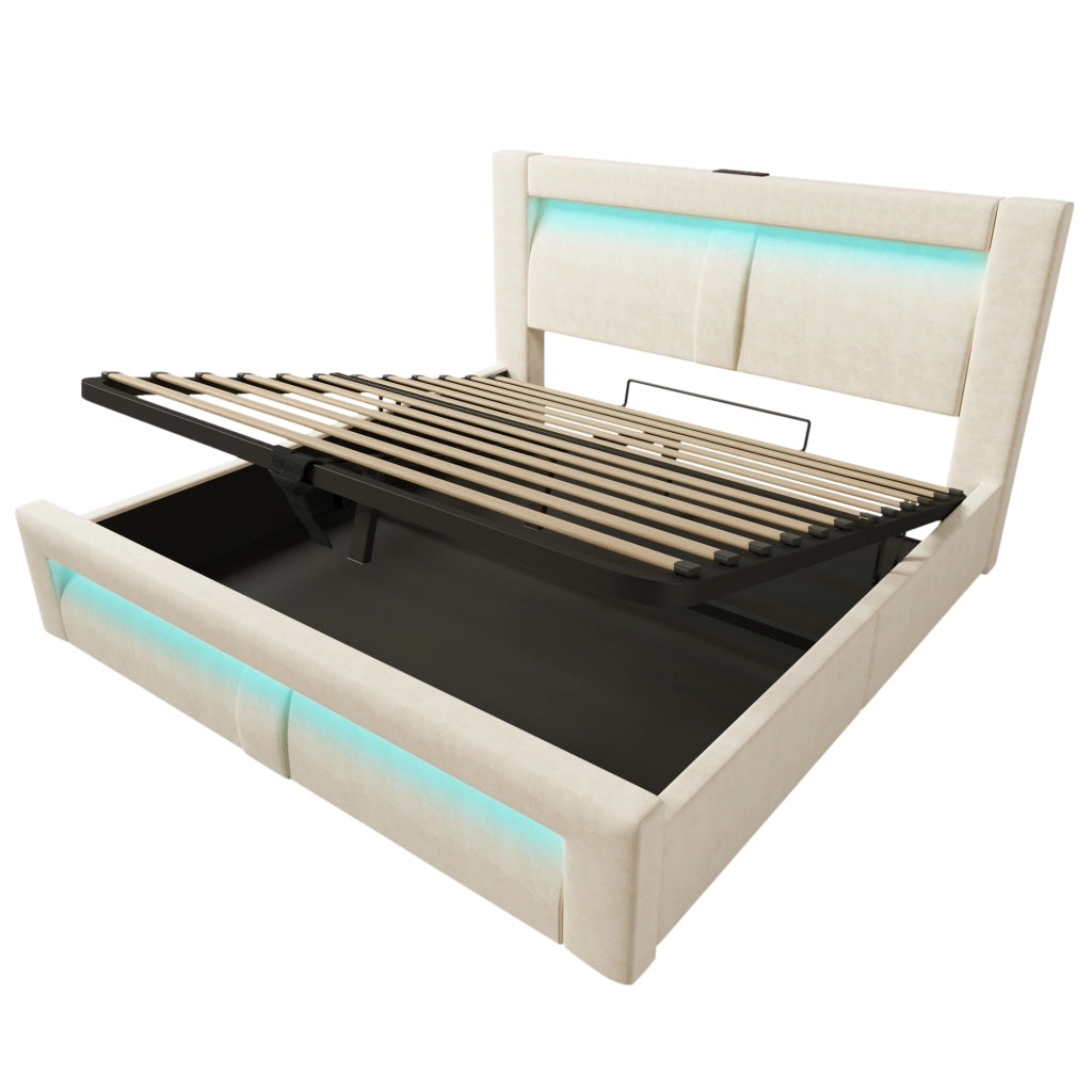 Letti contenitori 160x200 cm con contenitore; LED e ricarica USB; velluto beige (Senza materasso)