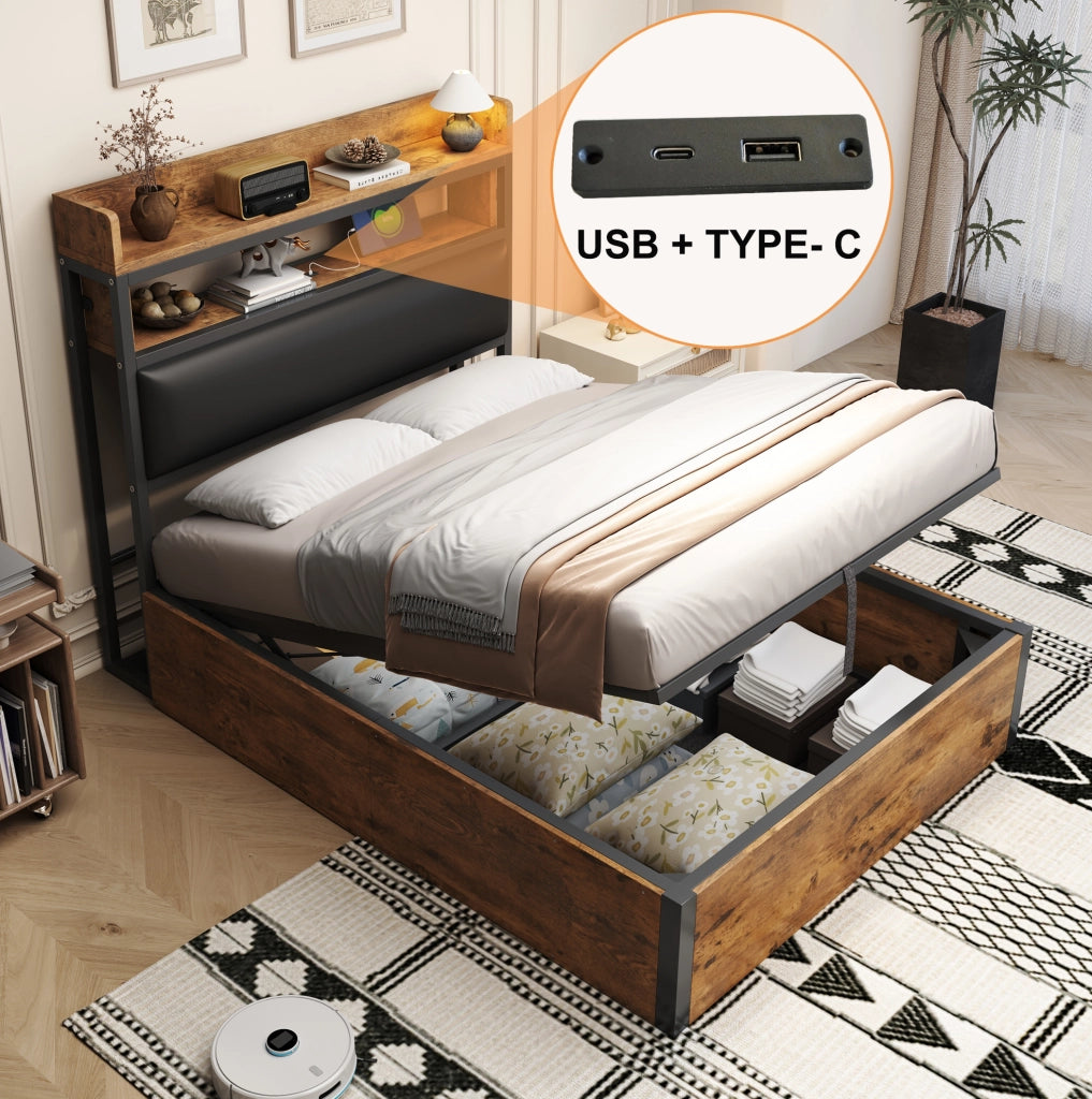 Letto singolo 90x200 cm con contenitore idraulico e USB nero