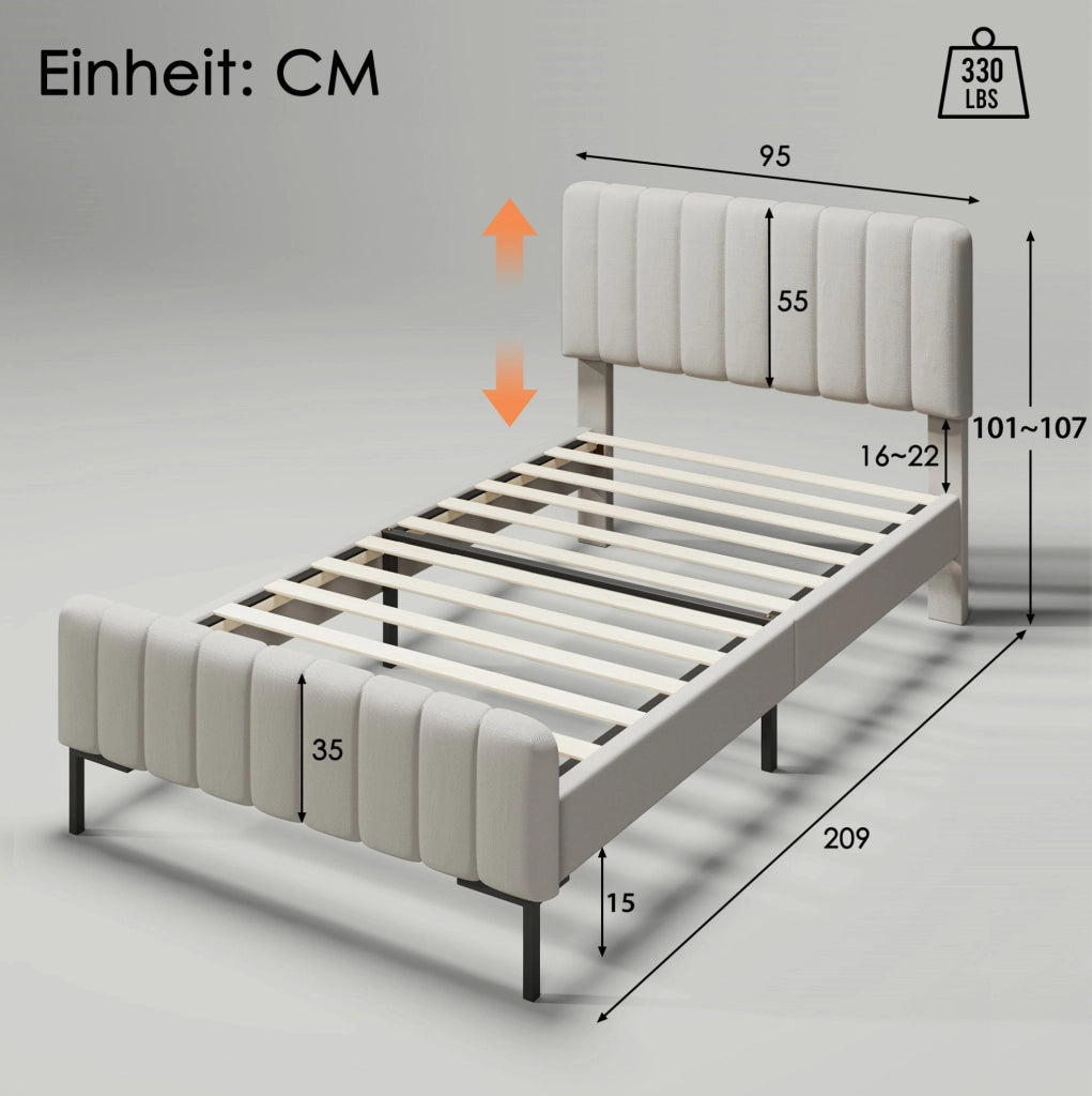 Letto imbottito 90x200 cm grigio-beige con materasso H3 e testiera regolabile