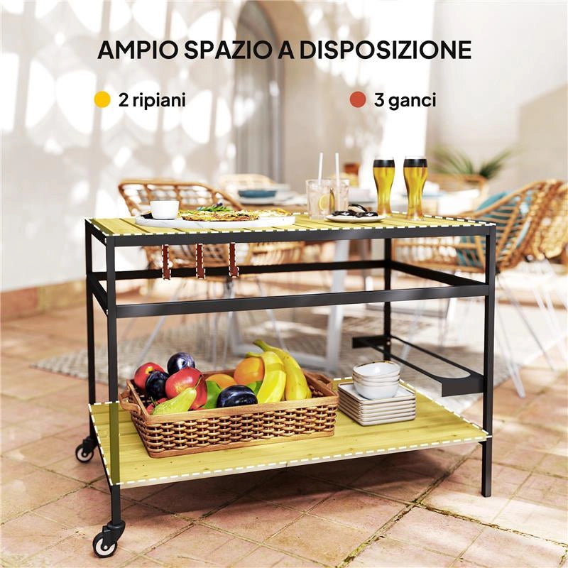 CARRELLO PORTAVIVANDE DA GIARDINO IN LEGNO A DOGHE E ACCIAIO, RIPIANO E MANIGLIA, 107X65X80 CM