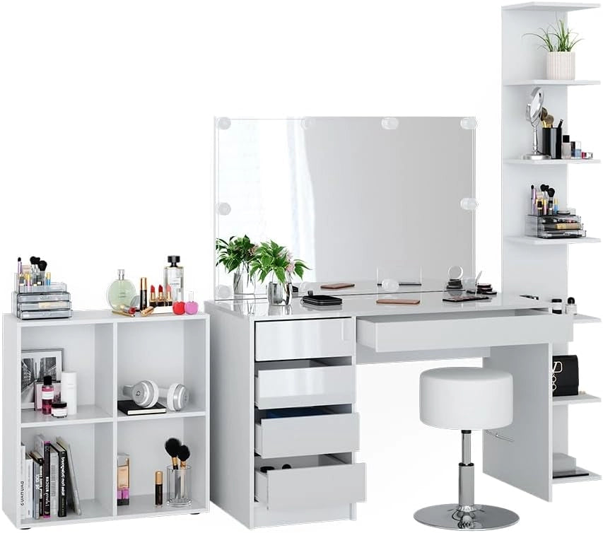 Tavolino da toilette Sherry, Bianco, 5 pezzi, con ripiano portaoggetti, ripiano in piedi, specchio, sgabello, LED, adatto per l’uso quotidiano con telaio stabile