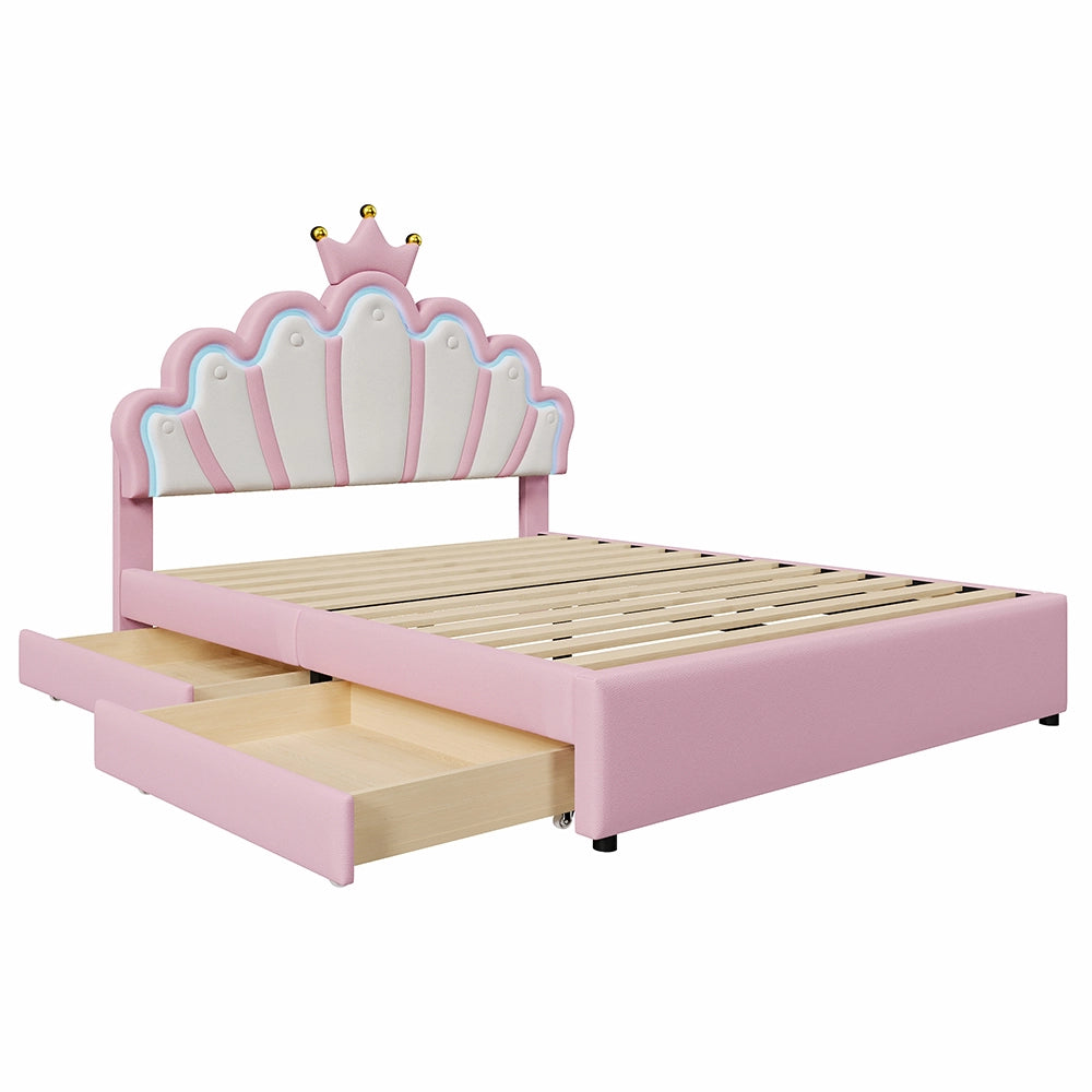 Letto matrimoniale-Xylo-140x200 cm-2 cassetti, LED, testiera corona, PU rosa