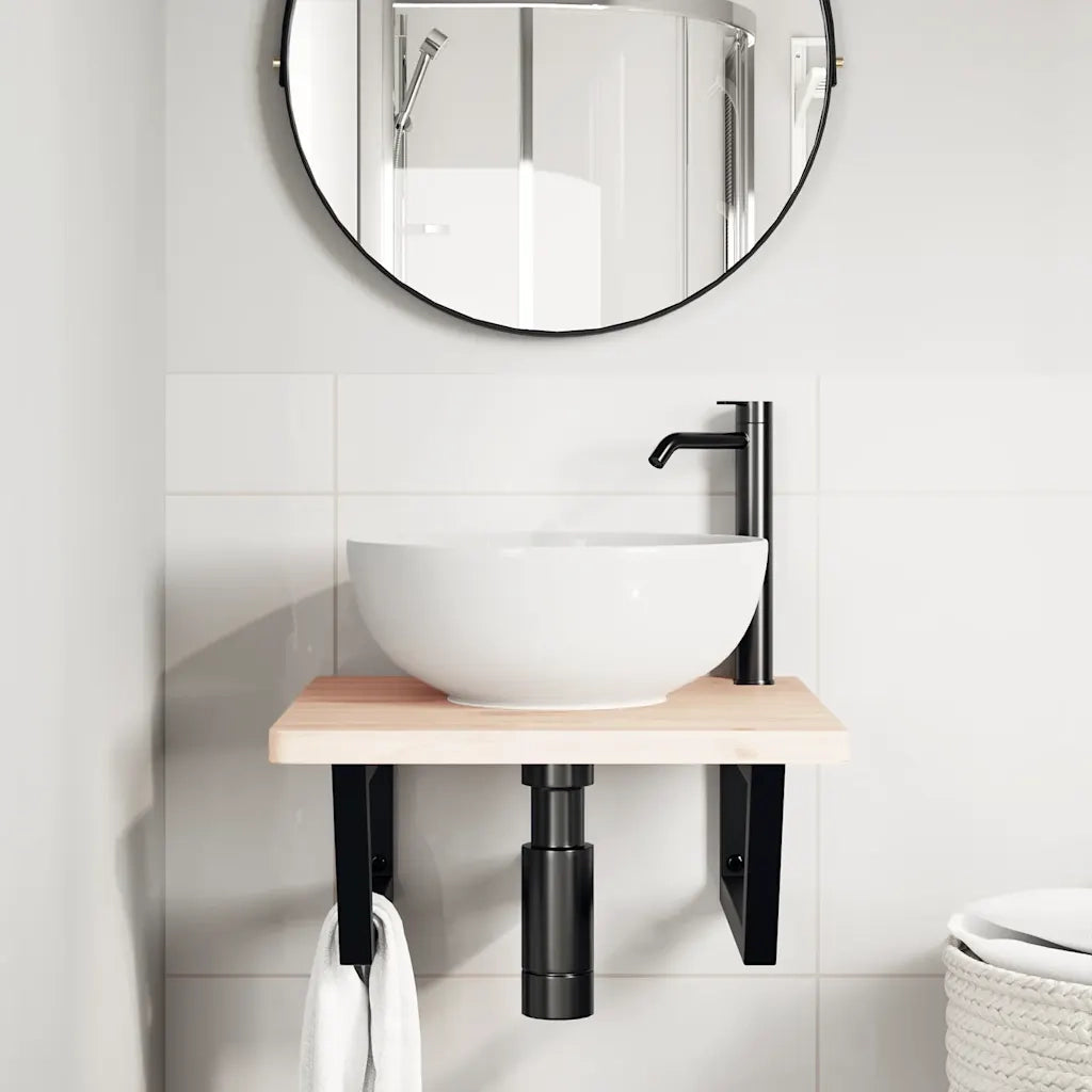 Ripiano a Parete per Lavabo-Mensole a Muro in Acciaio e Massello di Faggio 779921