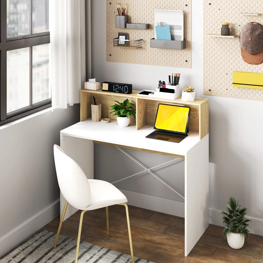 Scrivania con scaffale e 2 cassetti ¨C Zephmum ¨C Bianco e legno naturale 110x50x102,6 cm