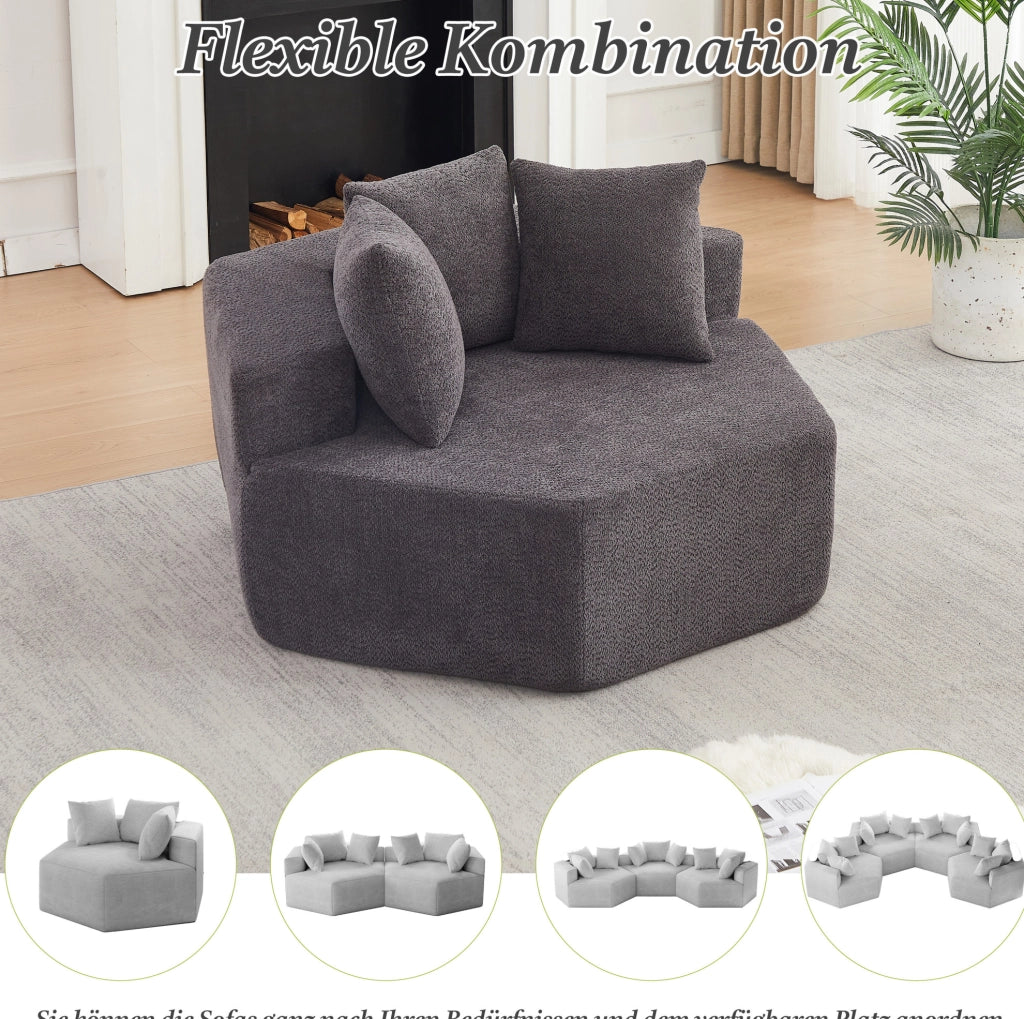 Poltrona lounge modulare esagonale in chenille grigia