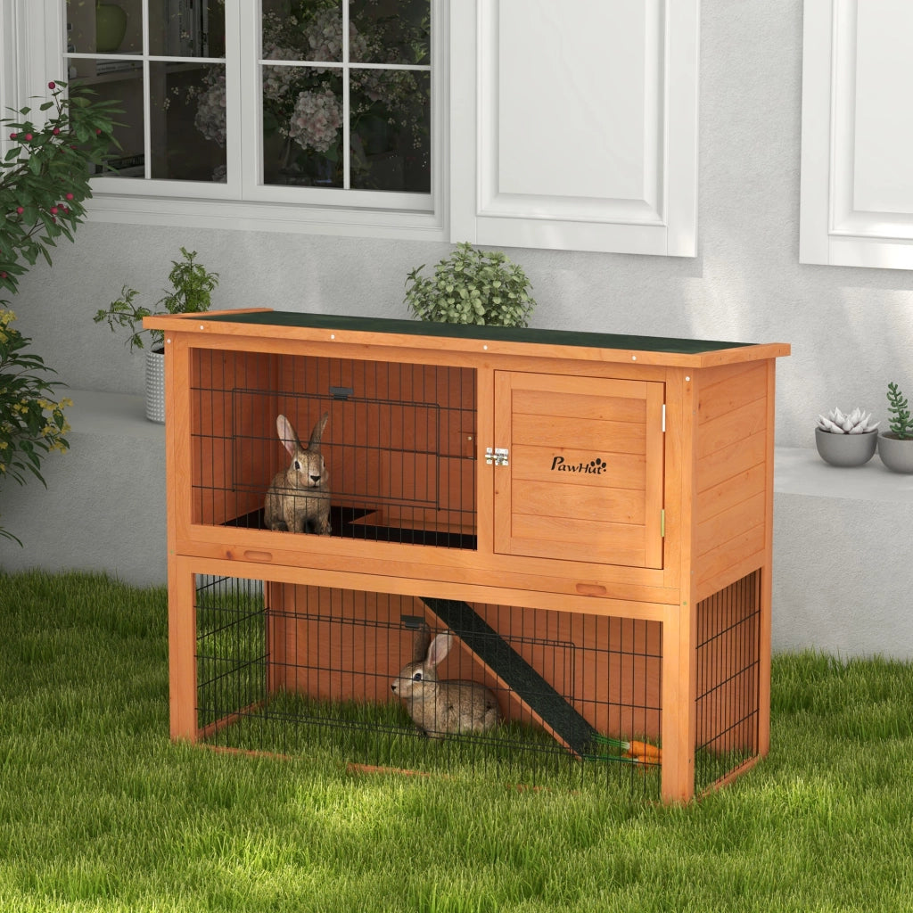 Gabbia per Conigli in Legno Antisettico a 2 Piani con Recinto ¨C zephmum ¨C Arancione 92cm