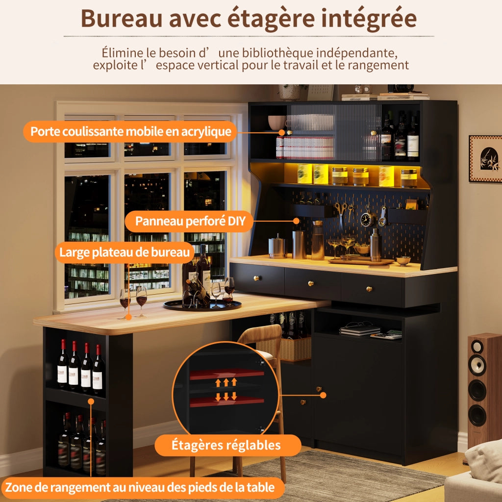 Mobile contenitore con scrivania integrata e ripiani regolabili in MDF e vetro nero 137 × 74 × 177.7 cm
