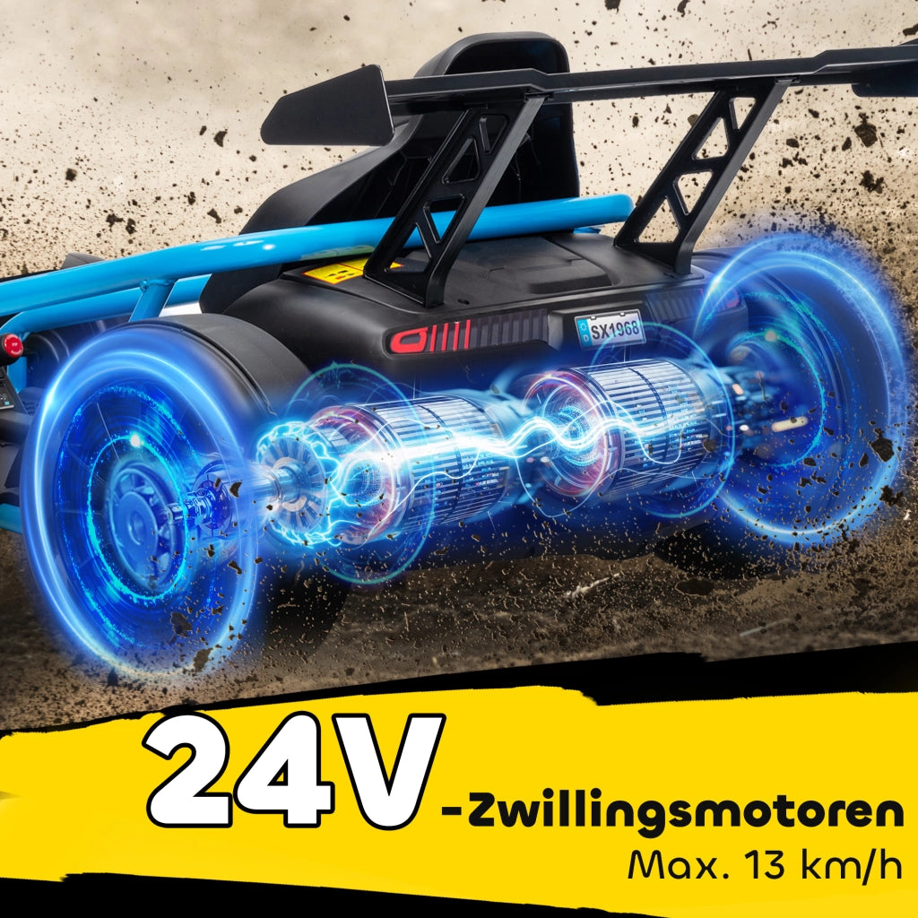 Go-Kart Elettrico 24V con Drift ¨C Xylo ¨C Pneumatici Nylon, Cintura Sicurezza, Clacson, Musica, 8-12 Anni, Blu