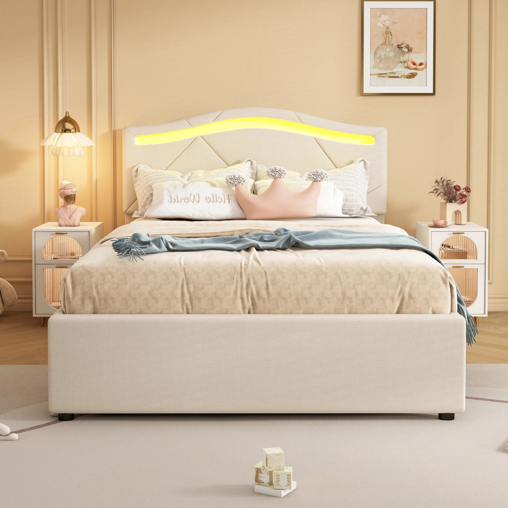 OKWISH Letto Singolo 90×200 cm con LED Regolabile, 2 Cassetti e Testiera Regolabile, senza Materasso, in Lino, Beige