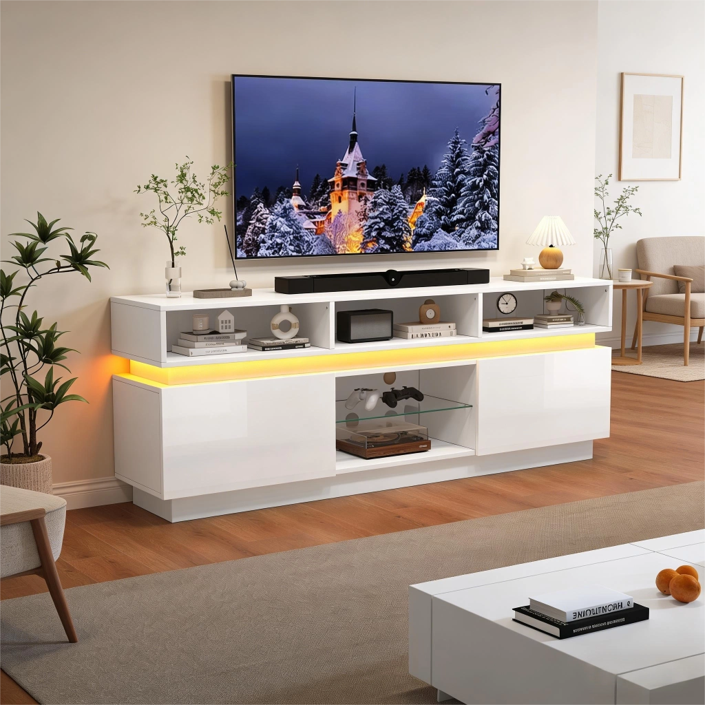 Mobile porta TV LED in MDF e vetro temperato con 10 vani, fronti lucide, bianco 160 × 35 × 60 cm