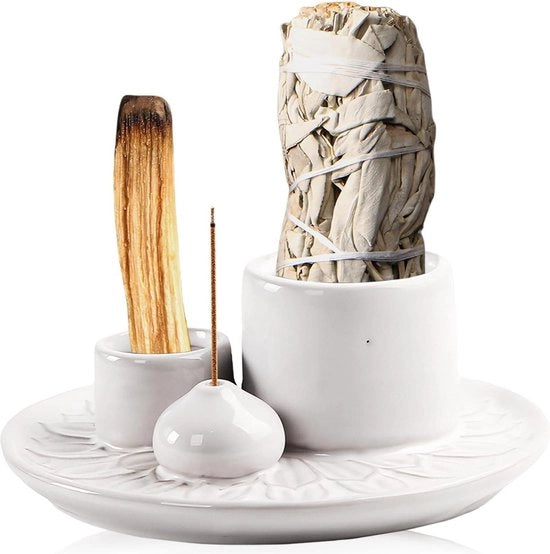 Scatola per ogni bastoncino e cono di incenso - supporto per bastoncini di incenso 4 in 1 ceramica - bianco