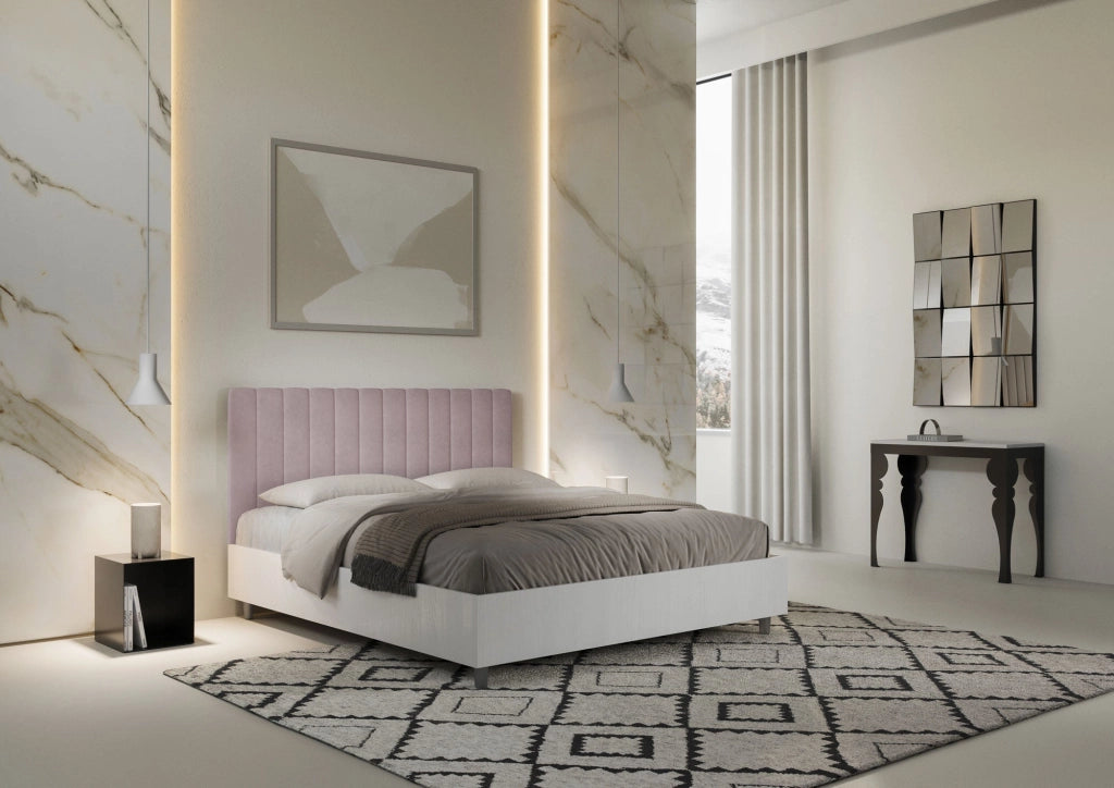 Letto matrimoniale senza rete 160x190 bianco frassino testata microfibra azzurro Kaia