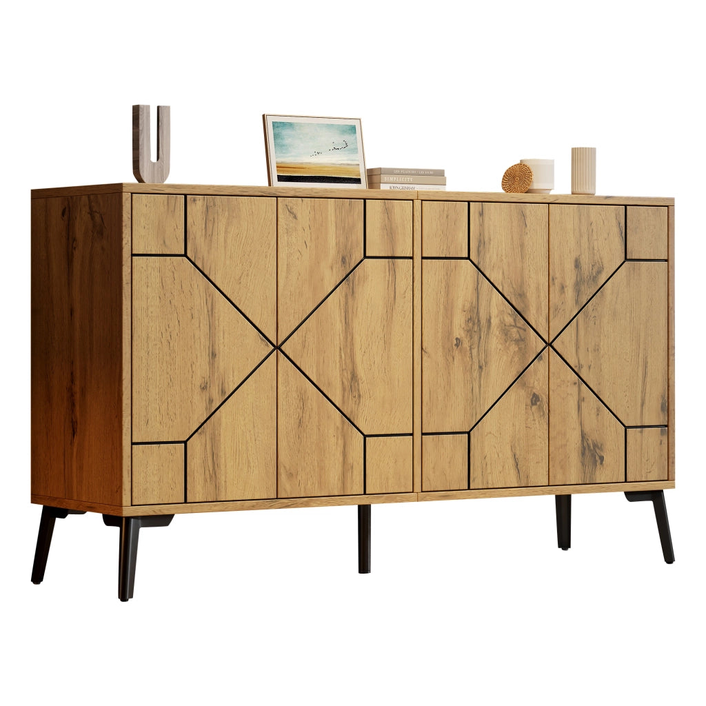Credenza moderna 120x35x69 cm con 4 ante, 4 scomparti interni, struttura in MDF e gambe in metallo, finitura effetto legno naturale