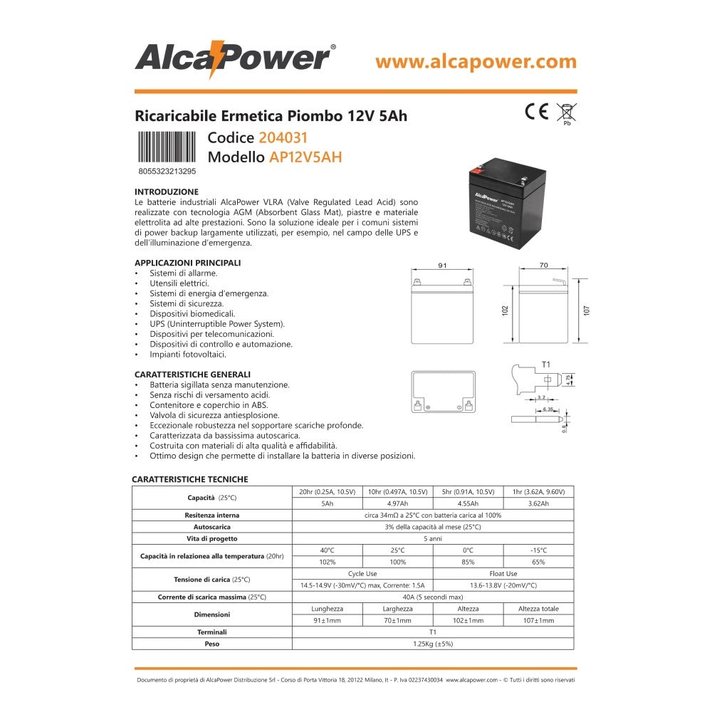 Alca power batteria al piombo da 12v 5ah ricaricabile per ups e illuminazione di emergenza