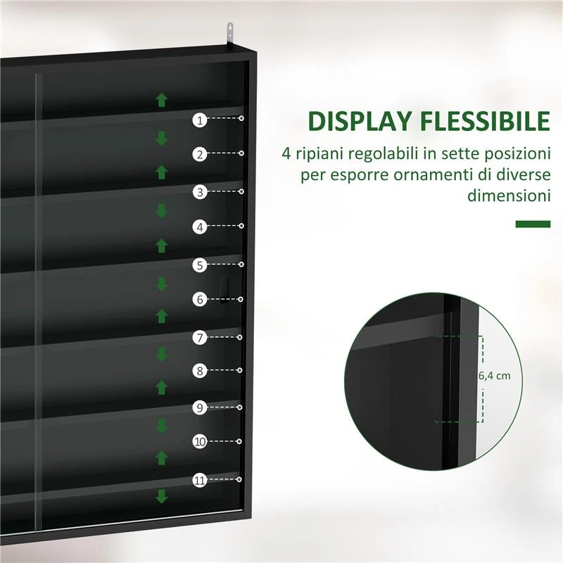 BACHECA PORTAOGGETTI A 6 RIPIANI REGOLABILI IN LEGNO CON ANTE IN VETRO, 80X9.5X83 CM, NERO