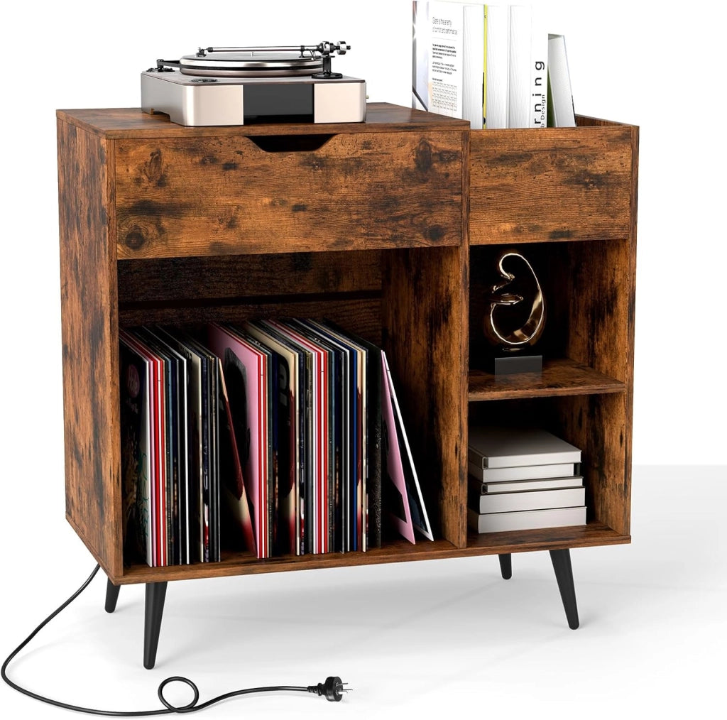 Supporto per giradischi con base di ricarica, per dischi in vinile con cassetto e vano aperto, giradischi da tavolo con presa e USB e tipo C, in vinile